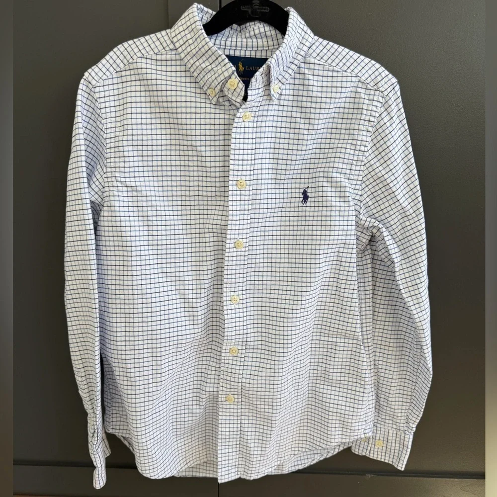 Ralph Lauren |  White and Blue Checkered Button Down Cotton Shirt | 14